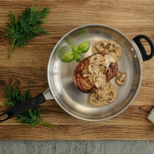 Pan-Seared Steak with Creamy Mushroom Sauce cooked in a RACO frypan