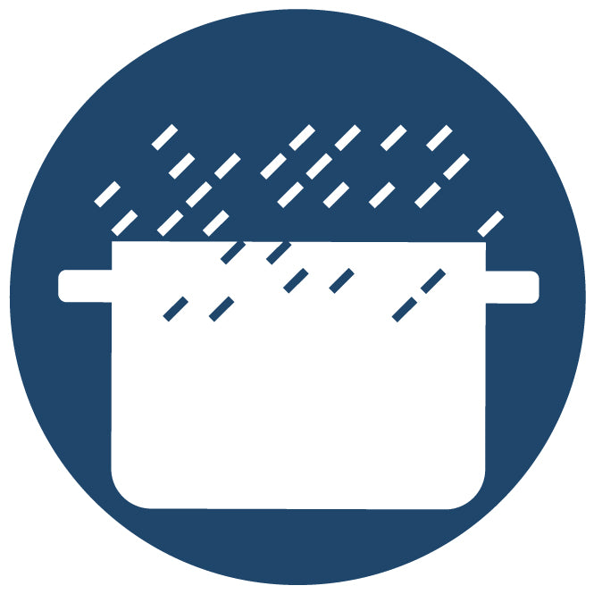 Icon showing a pot with water droplets representing dishwasher safe RACO Power Base cookware.