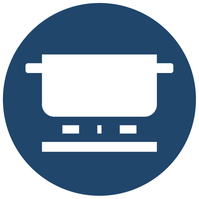 Icon showing RACO Power Base cookware compatibility with all cooktops except induction stoves.