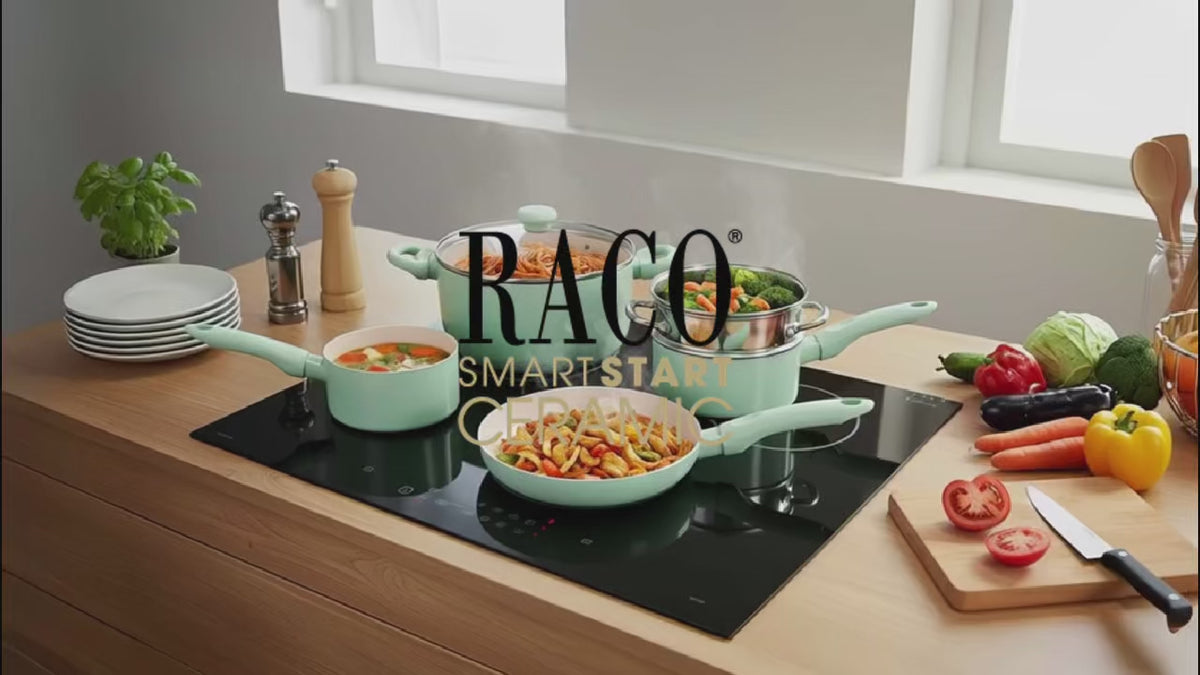 RACO SmartStart Ceramic range video – RACO SmartStart Ceramic Nonstick Induction 6 Piece Cookware Set With Pan Protectors Lichen