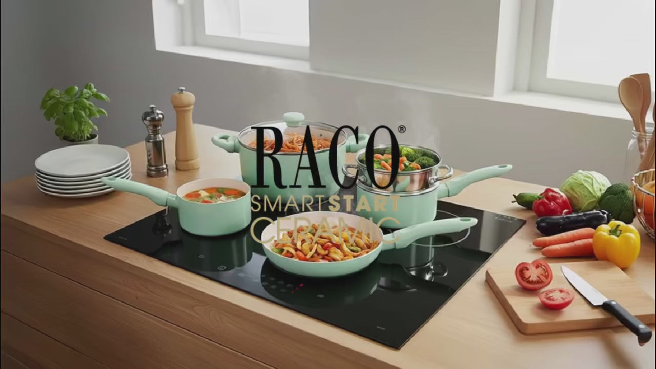 RACO SmartStart Ceramic range video – RACO SmartStart Ceramic Nonstick Induction 6 Piece Cookware Set With Pan Protectors Lichen